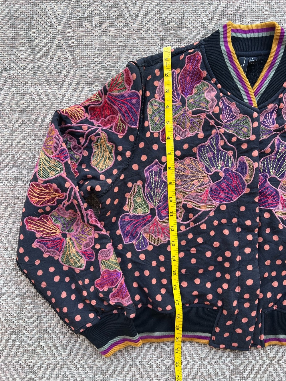 Blink London Bomber Jacket XS Floral Polka Dot Fleece Lined Black Multicolor - Picture 3 of 7